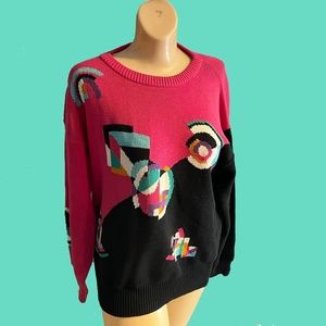 Fun Vintage 80s Abstract Hot Pink & Black Lily's Beverly Hills Cotton Sweater M